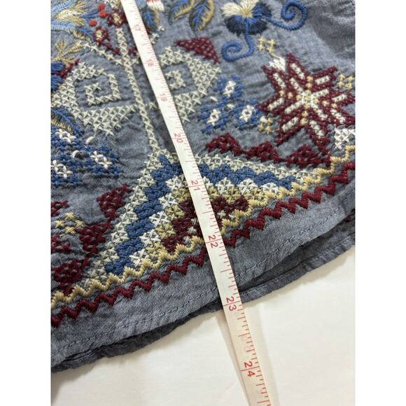 Johnny Was Workshop Chambray Peasant Top Grey Small Embroidered Bell Sleeves - Picture 5 of 11